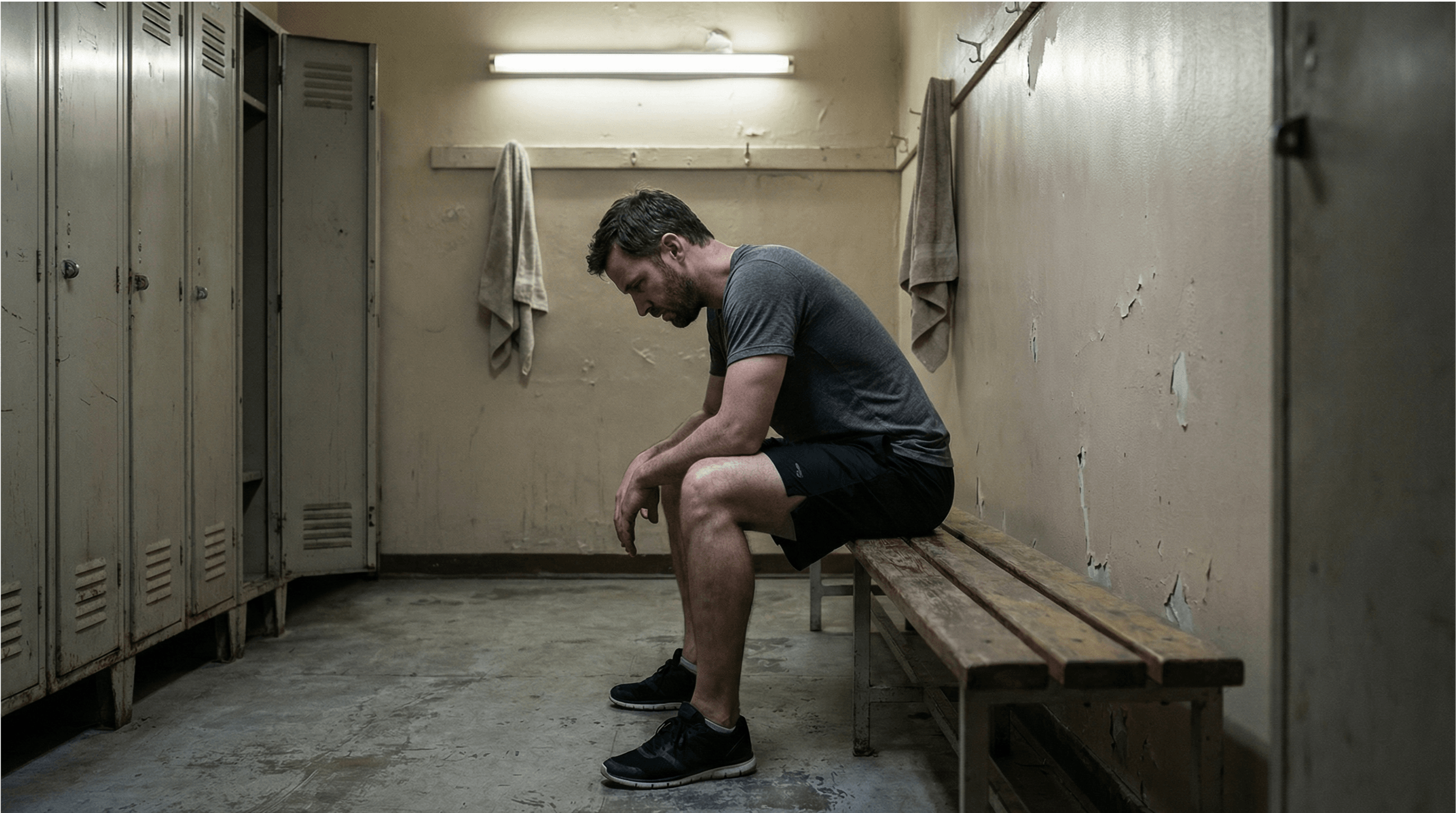 Homem desolado sentado sozinho em vestiário rústico de academia, representando a Síndrome do Vestiário